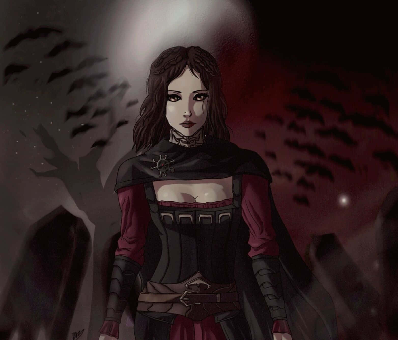 Skyrim Serana 桌布 壁紙 — 一位黑髮女性身穿黑色和紅色的盔甲服裝，站在發光的月亮下，蝙蝠在她周圍飛翔。