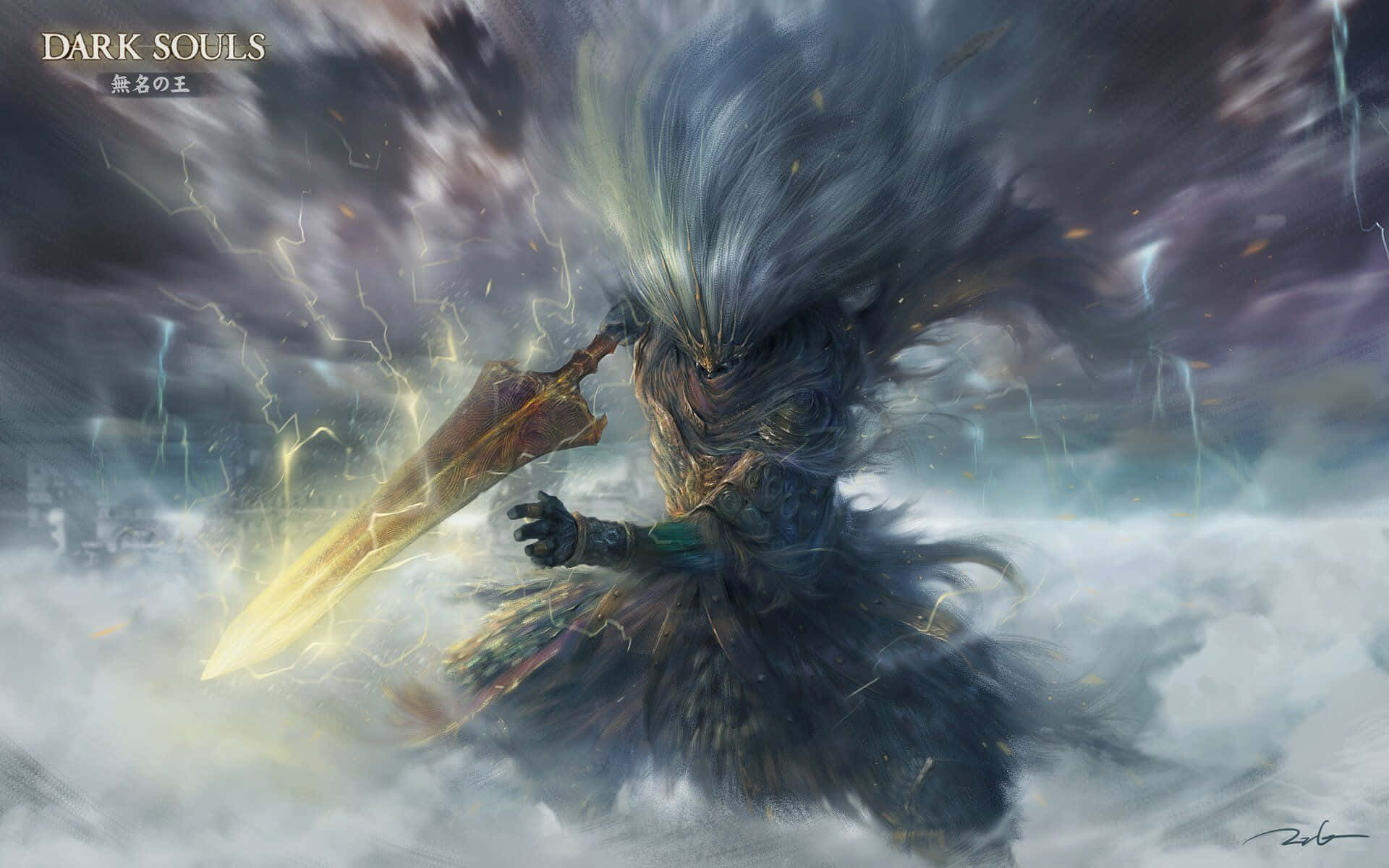 Nameless King 桌布 壁紙 — 一位黑髮戰士在暴風雲和閃電中揮舞著發光的劍，構成戲劇性的奇幻戰鬥場景。