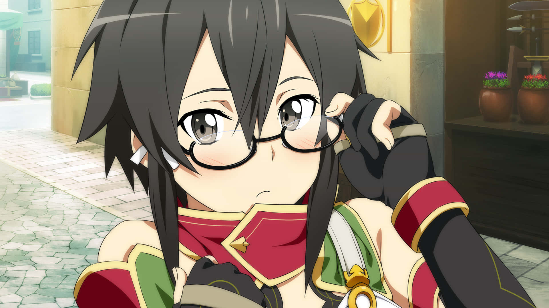 Shino Asada 桌布 壁紙 — 一位黑髮戴眼鏡的年輕動漫女孩，穿著紅綠相間的盔甲服裝，調整她的眼鏡。