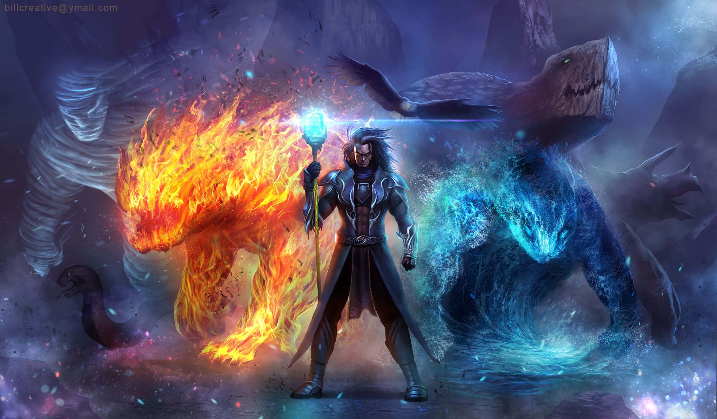 Wizardry 桌布 壁紙 — 一位黑髮法師在火焰與冰霜元素生物之間揮舞著發光的法杖，呈現出一場神秘的戰鬥場景。