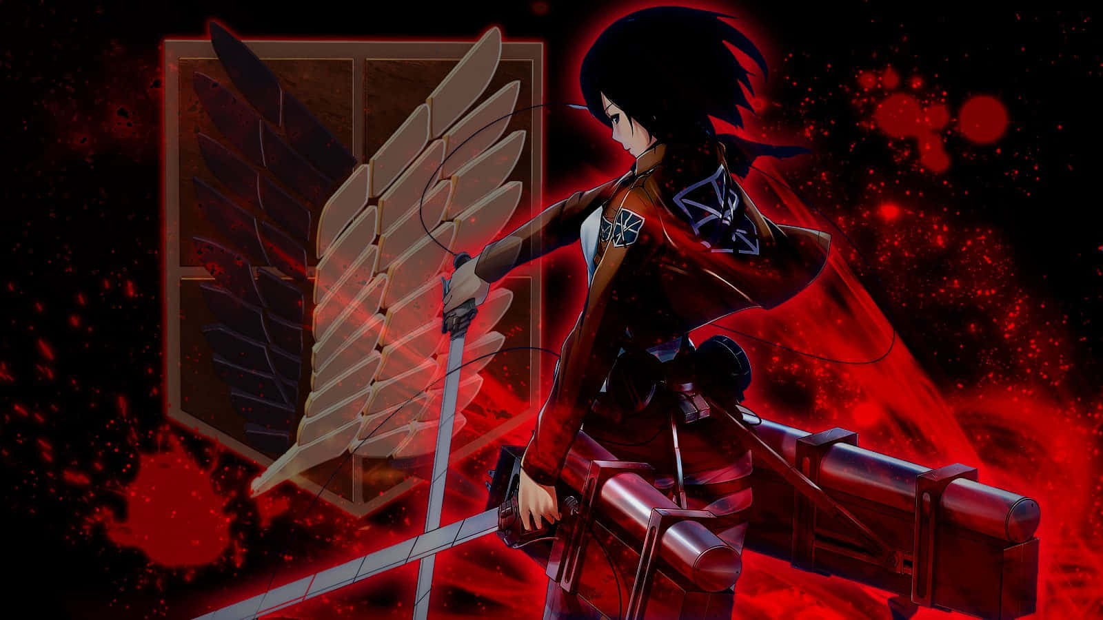 Attack On Titan Poster 桌布 壁紙 — 一位黑髮的動漫戰士在血紅色背景和漂浮粒子中揮舞劍與盾牌。