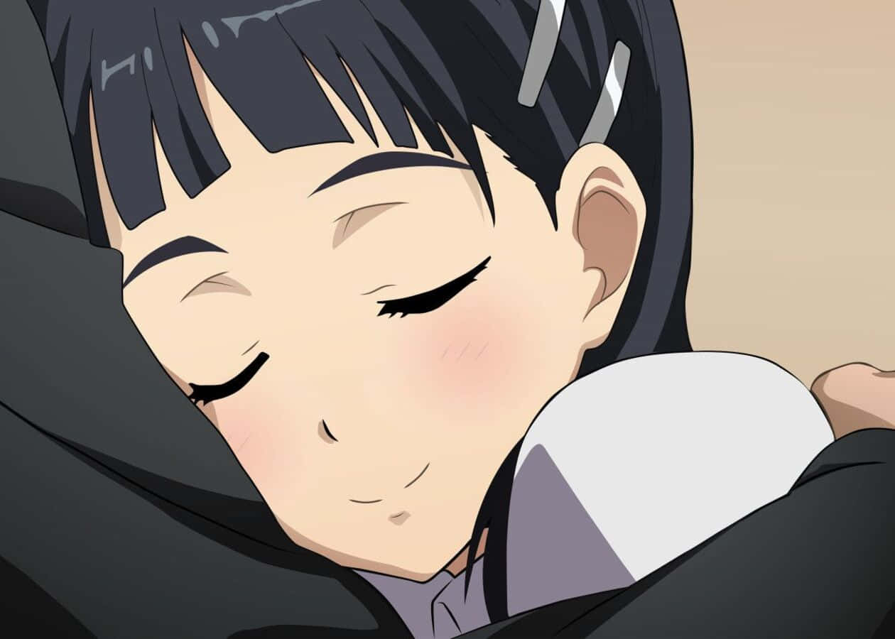 Suguha Kirigaya 桌布 壁紙 — 一位黑髮的年輕動漫女孩閉著眼睛，臉頰微微泛紅，安詳地睡著。