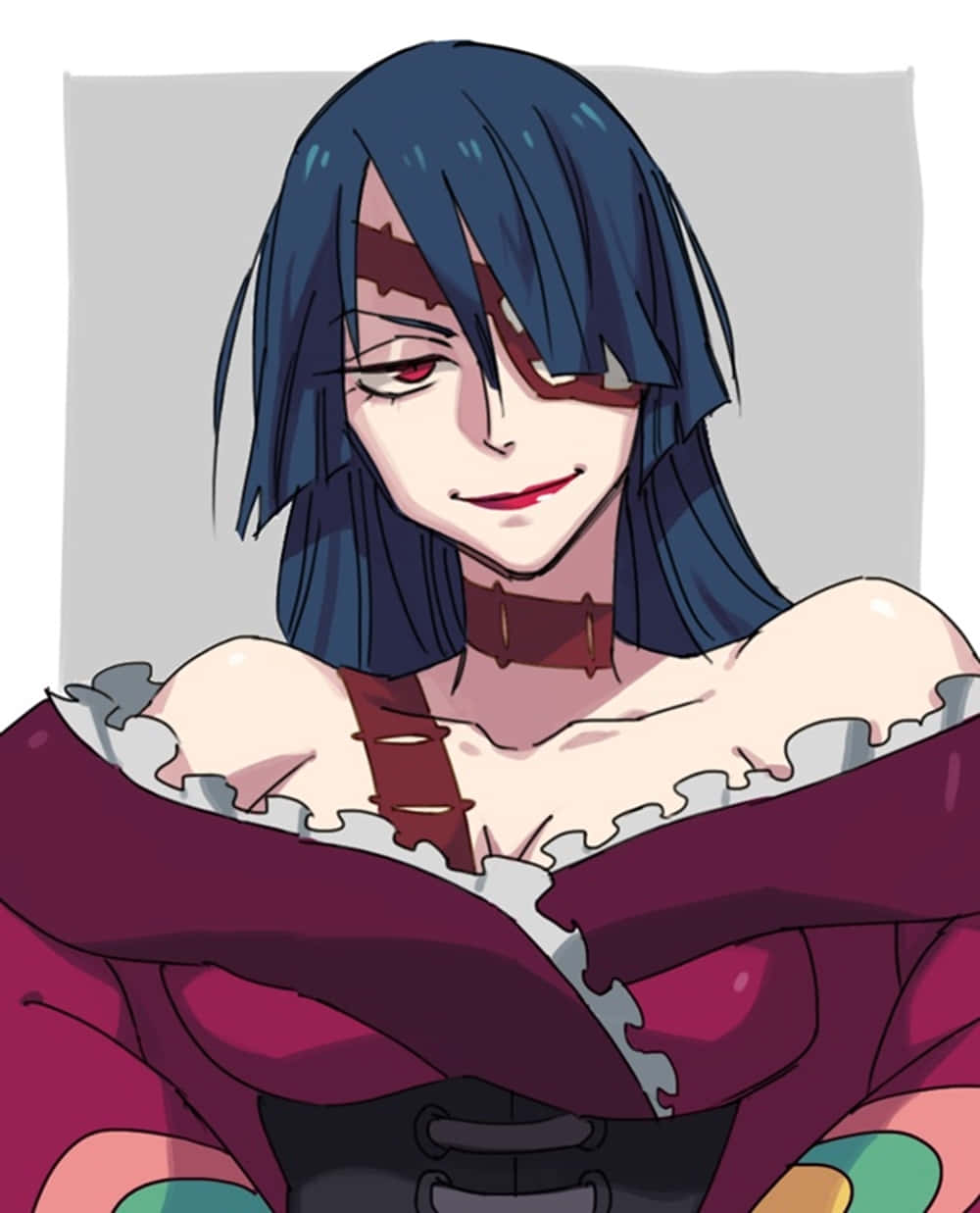 Gurren Lagann Adiane 桌布 壁紙 — 一位黑髮紅眼、帶著冷笑的動漫女孩，穿著帶蕾絲邊和頸鏈的暴露栗色服裝。