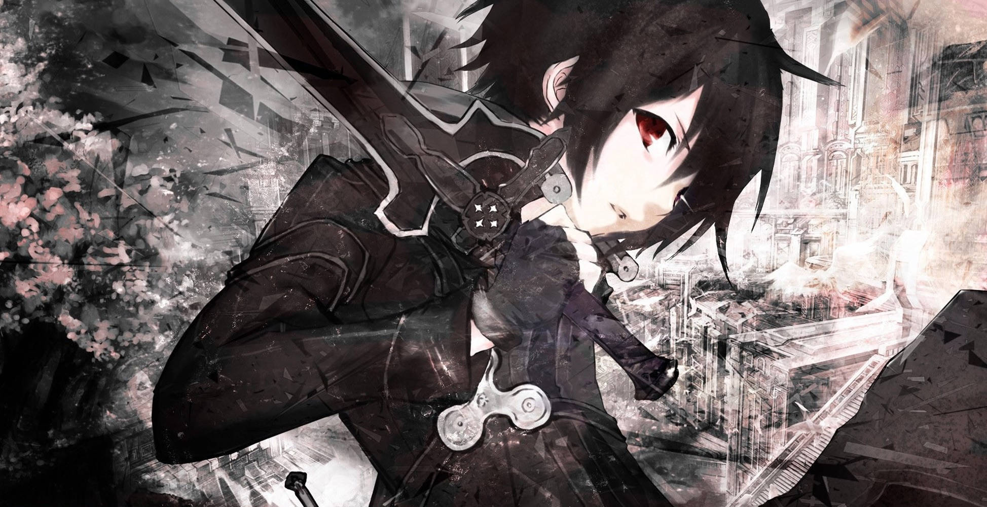Kirito 桌布 壁紙 — 一位黑髮紅眼的動漫女孩在破碎的城市背景下揮舞著劍。
