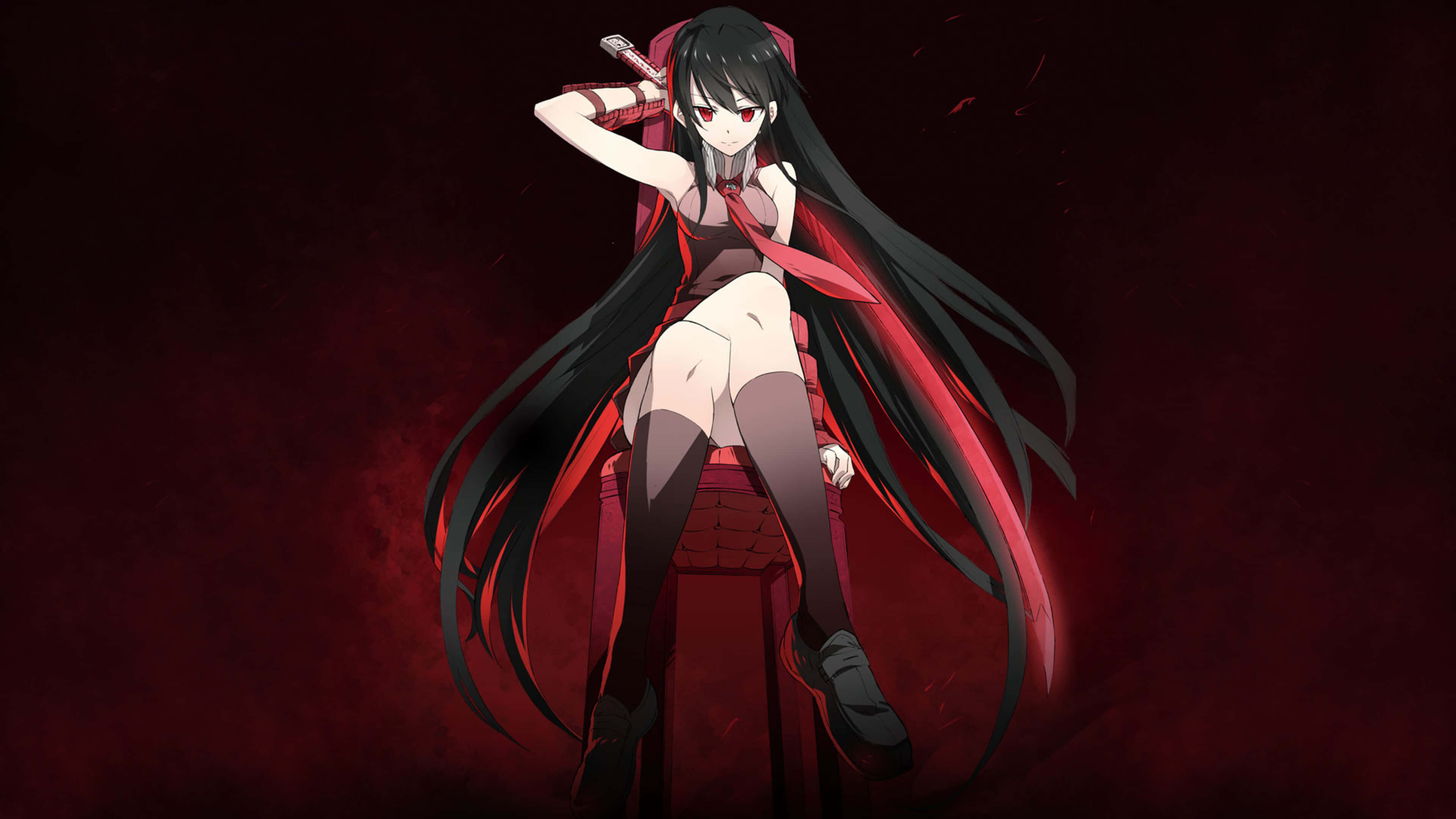 Akame Ga Kill 4K 桌布 壁紙 — 一位黑髮紅眼的動漫女孩自信地坐在王座上，手持劍，背景是血紅色。