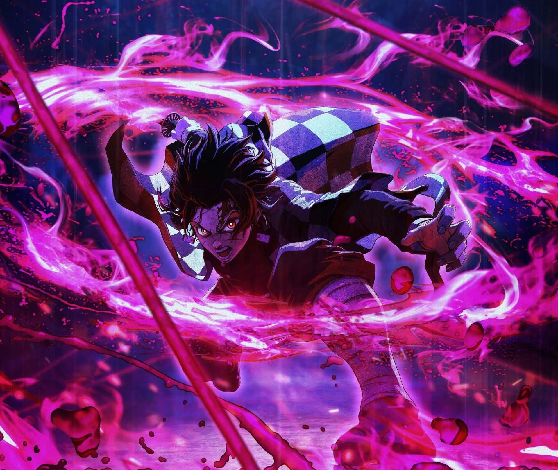 Purple Anime 桌布 壁紙 — 一位黑髮紅眼的動漫戰士，以動態戰鬥姿勢斬開旋轉的粉紅色能量。