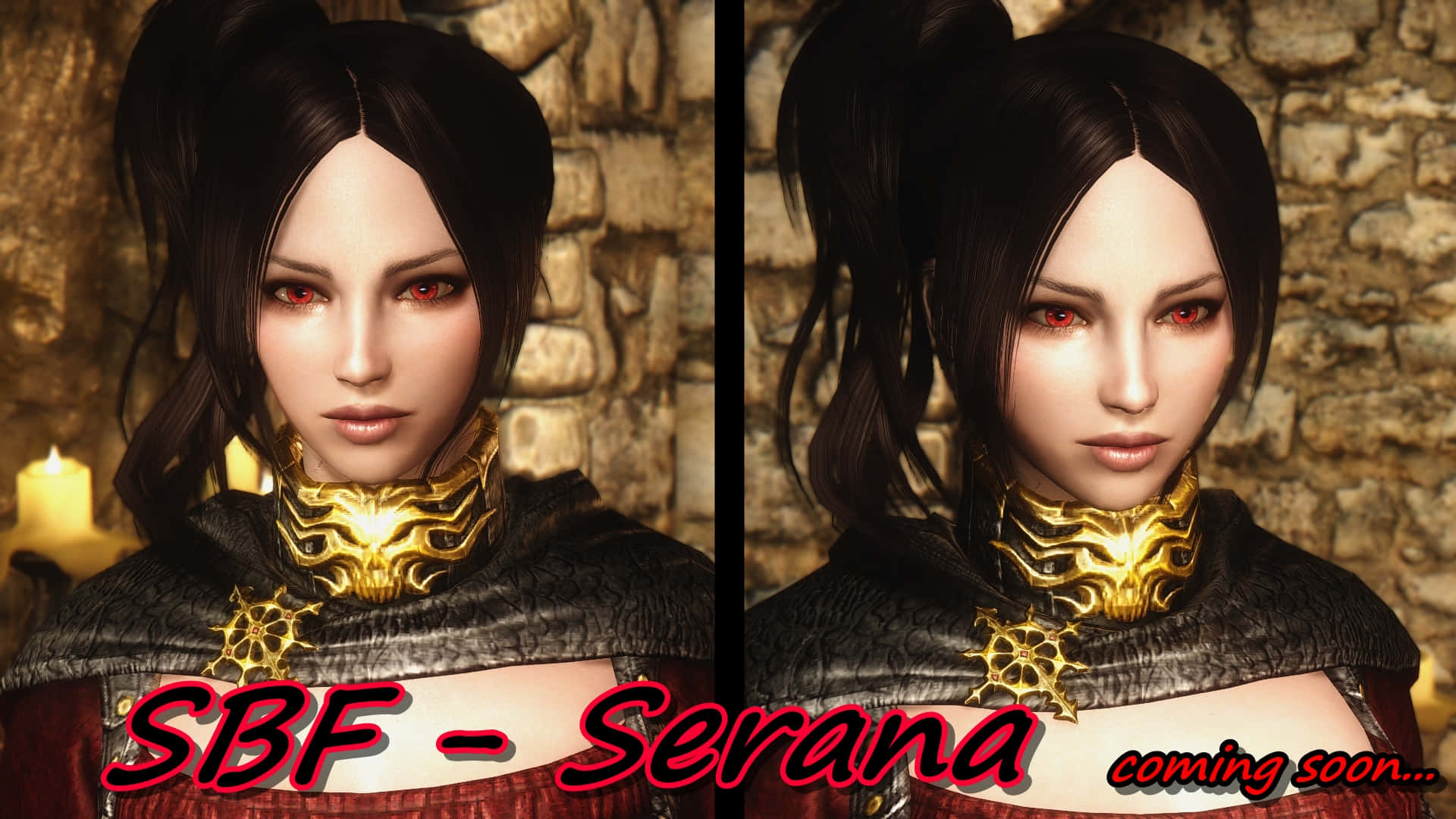 Skyrim Serana 桌布 壁紙 — 一位黑髮紅眼的女人，在燭光照耀的石牆前穿著華麗的金色盔甲。