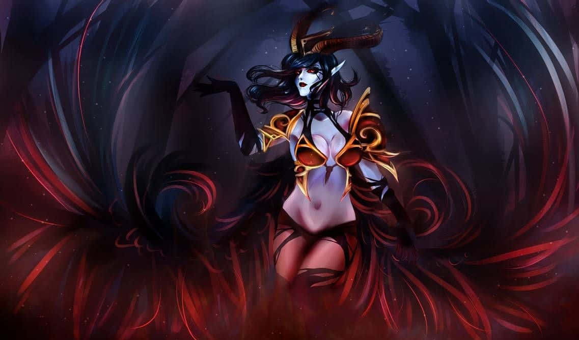 Queen Of Pain 桌布 壁紙 — 一位黑髮紅眼的暗黑奇幻動漫女性，站立在旋轉的紅色和黑色能量之中。