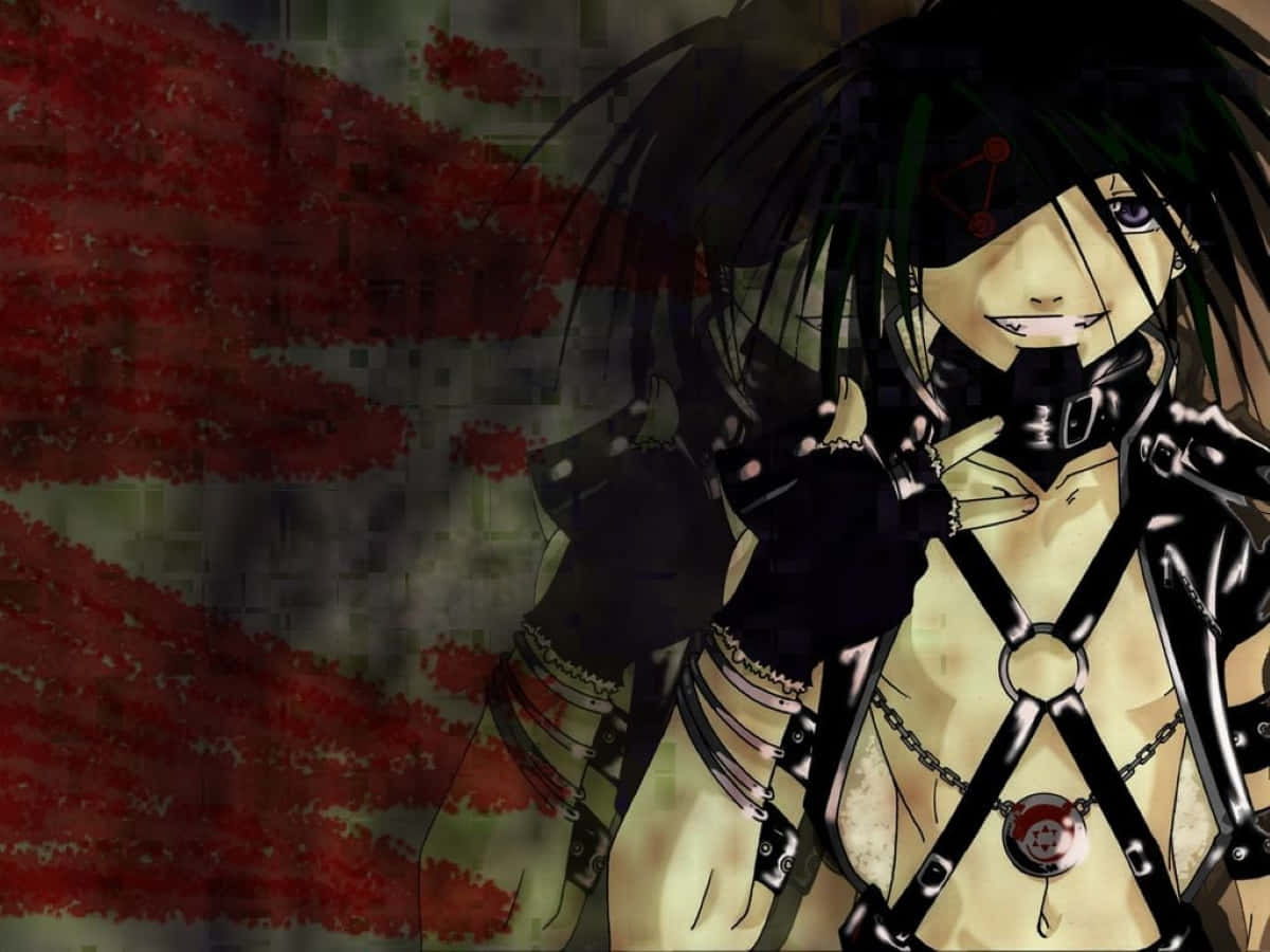 Fullmetal Alchemist Envy 桌布 壁紙 — 一位黑髮紫眼的動漫女孩，在紅色和灰色紋理背景前穿著黑色皮革束帶。