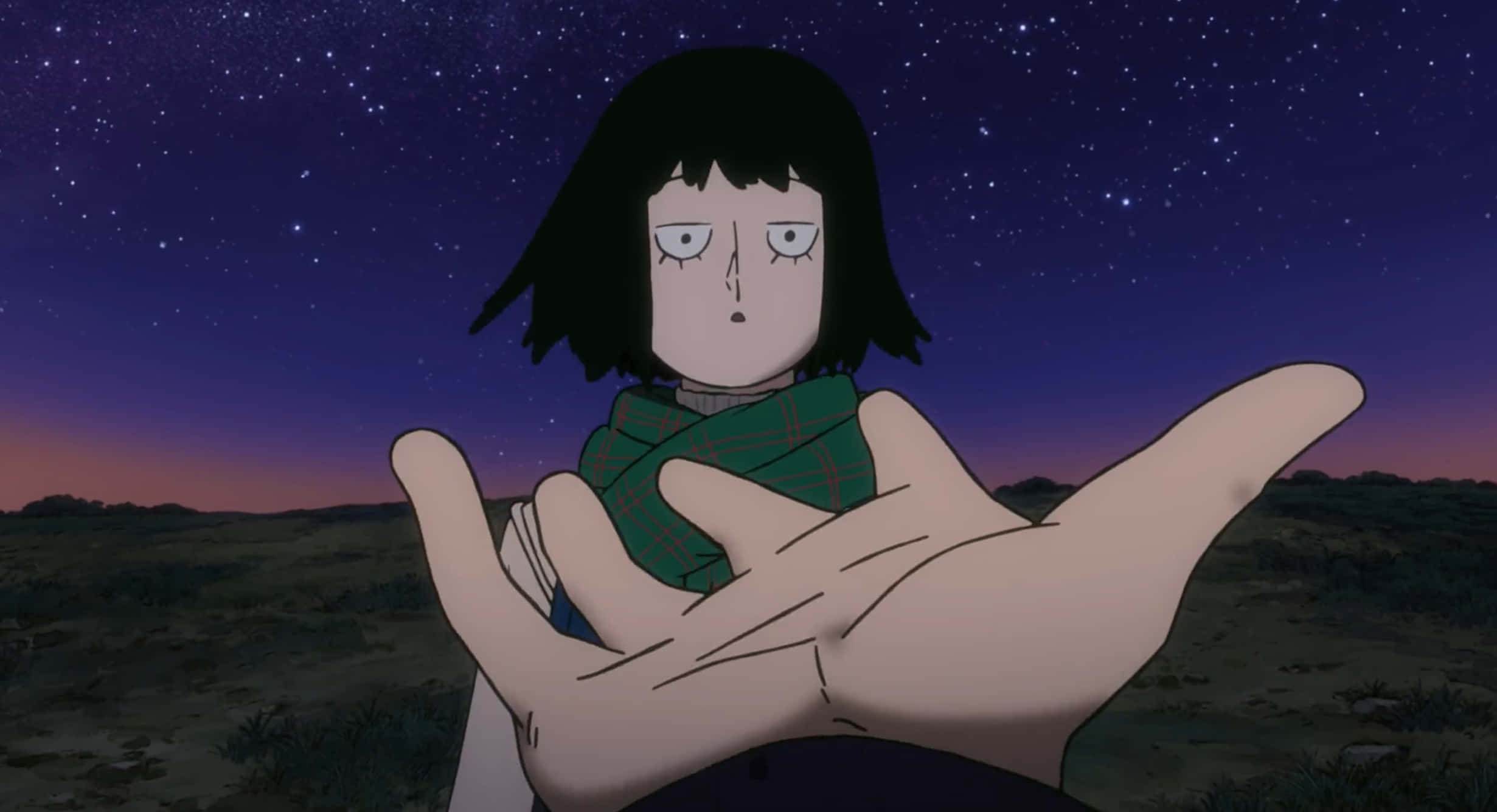 Tome Kurata 桌布 壁紙 — 一位黑髮綠圍巾的年輕動漫女孩在繁星點點的暮色天空下張開雙手站立。
