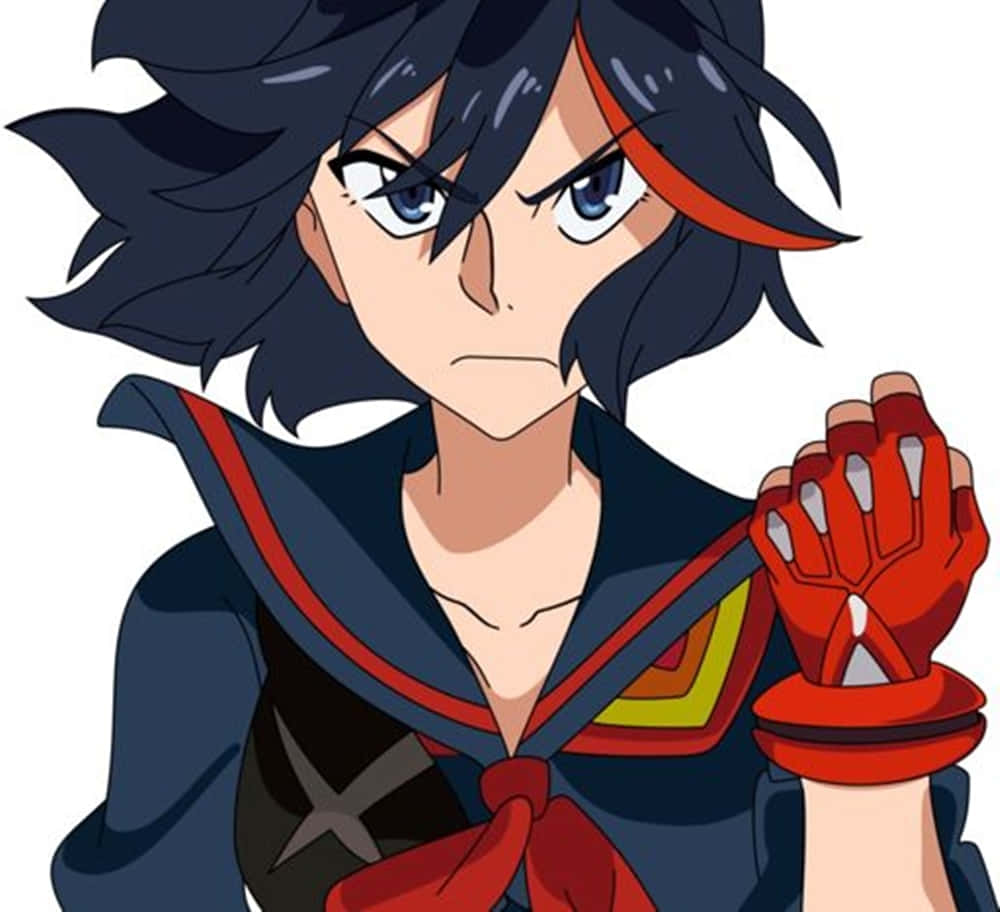 ryuko matoi 桌布 壁紙 — 一位黑髮藍眼的動漫女孩穿著水手服和紅色手套，怒目而視。