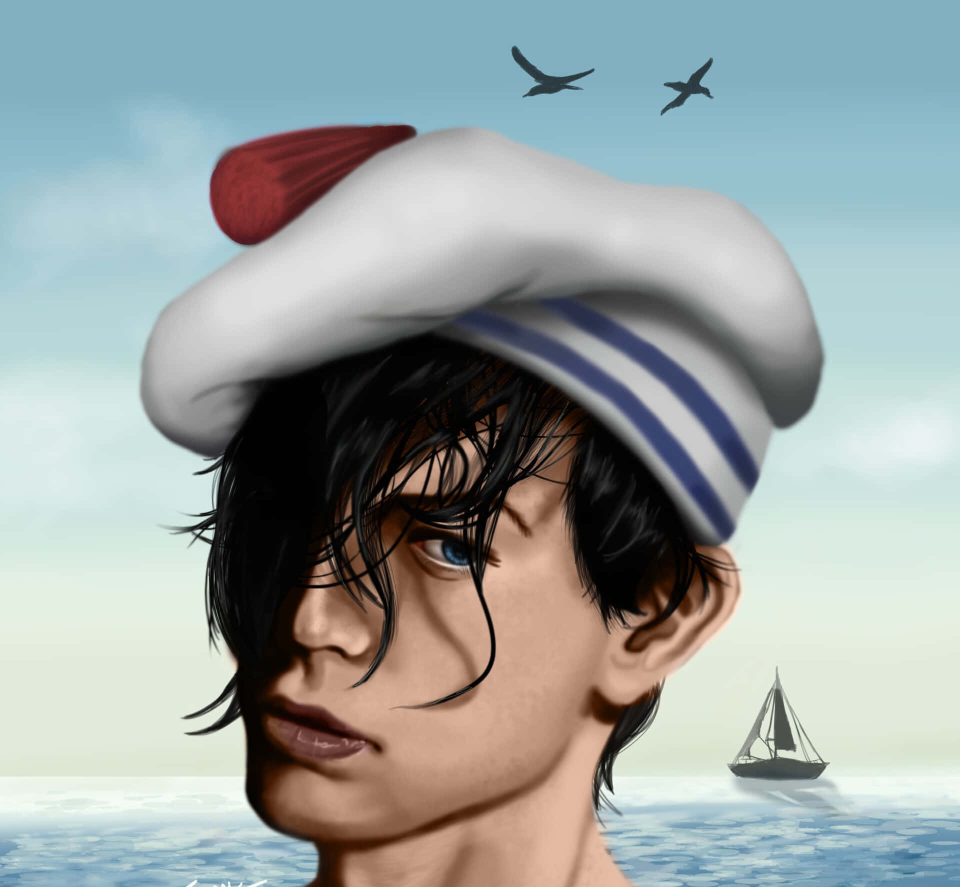 Jojolion 桌布 壁紙 — 一位黑髮藍眼的年輕水手在晴朗的天空下沉思地望著大海，頭頂有兩隻鳥飛過，遠處有一艘帆船。