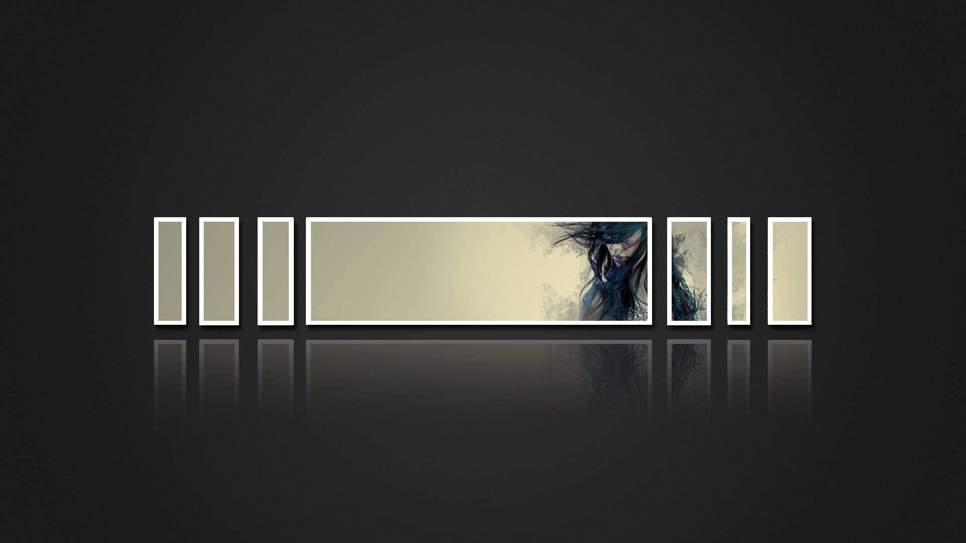 Frames 桌布 壁紙 — 一位黑髮飄逸的女性，以極簡數位藝術風格描繪在一個帶框的構圖中，背景是黑色反光表面。