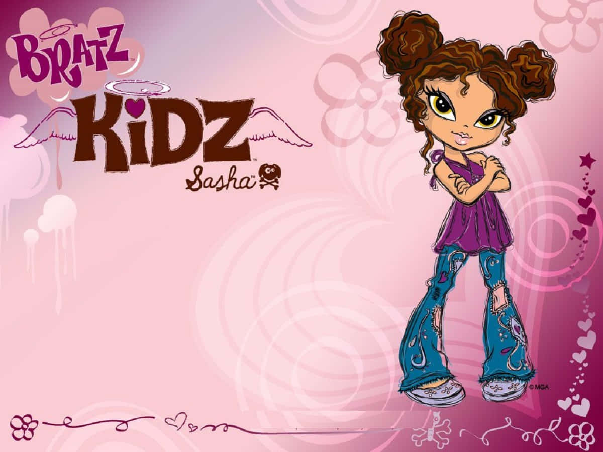 Bratz 桌布 壁紙 — 一個 Bratz Kidz 角色 Sasha 自信地穿著紫色上衣和藍色牛仔褲，站在粉紅色漩渦背景前。