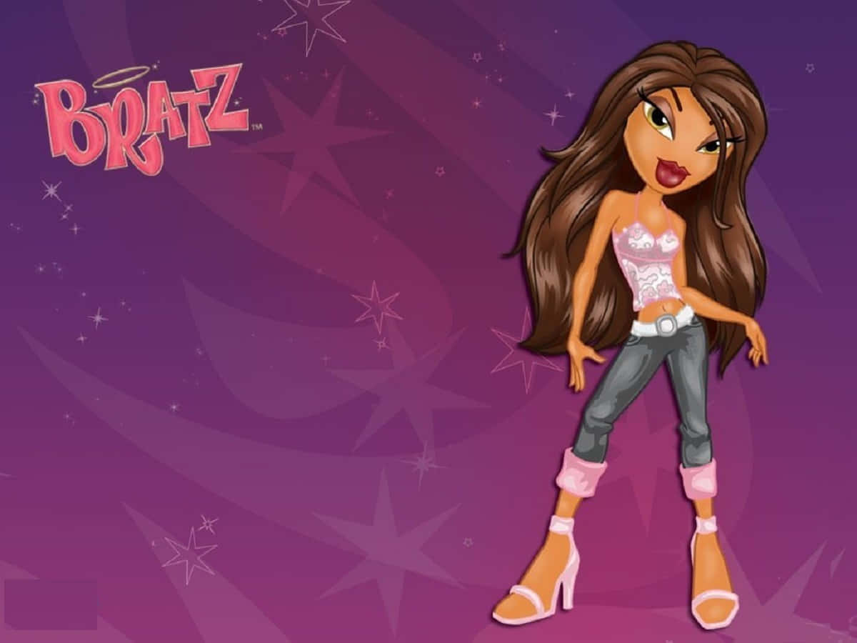 Bratz 桌布 壁紙 — 一個 Bratz 公仔，長長嘅棕色頭髮同粉紅色衫，喺紫色星星背景前自信咁擺甫士。