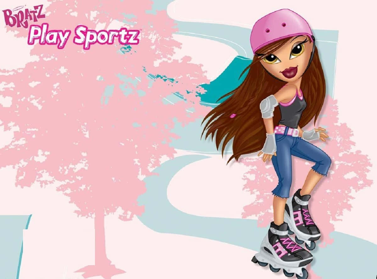 貝茲娃娃 桌布 壁紙 — 一個 Bratz 公仔戴住粉紅色頭盔同溜冰鞋，喺粉彩小徑上滑過風格化嘅粉紅色樹木。