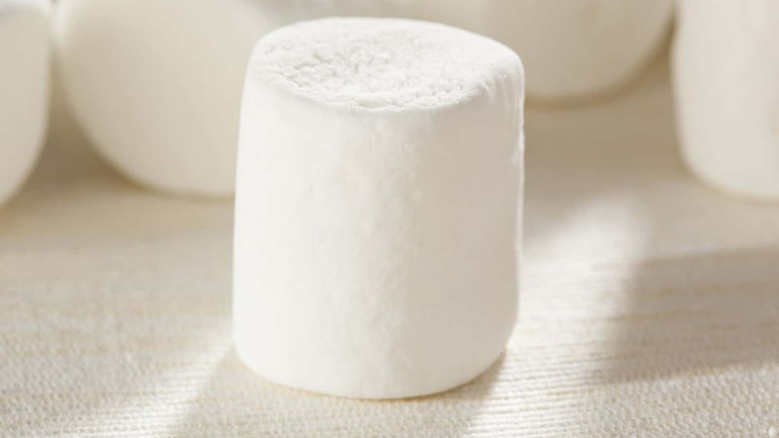 Marshmallow 桌布 壁紙 — 一個 fluffy 白色棉花糖在紋理織物表面上清晰對焦，柔和陽光投射出輕柔陰影。