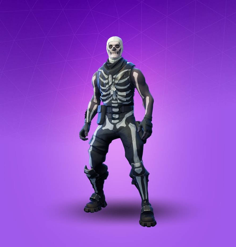 背景 桌布 壁紙 — 一個 Fortnite 骷髏角色自信地站在帶有幾何圖案的鮮豔紫色漸變背景前。