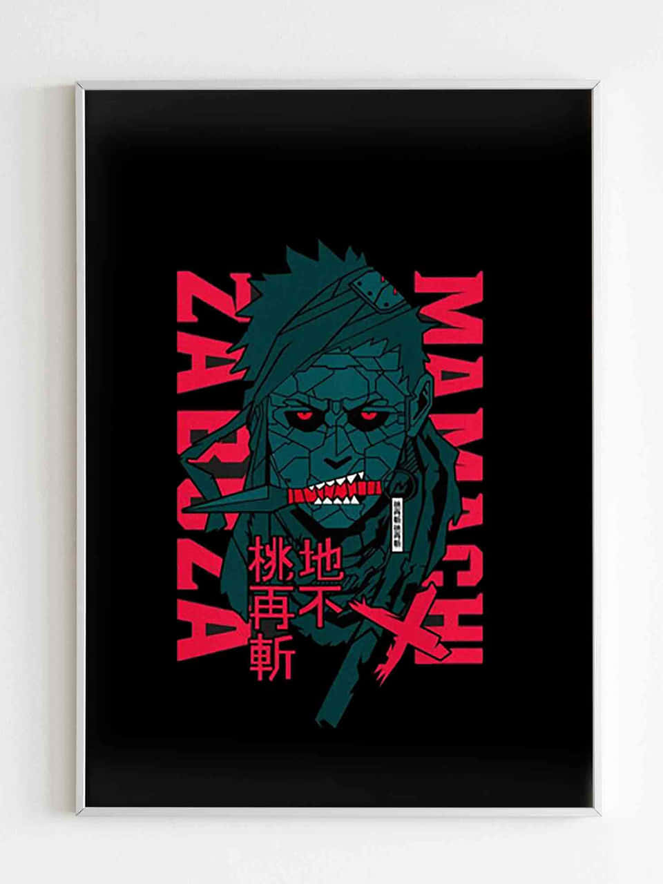 Zabusa Momochi 桌布 壁紙 — 一個 framed 動畫海報，展示一位青綠色皮膚、紅眼、尖牙的戰士，背景為黑色，並有粗體紅色文字。