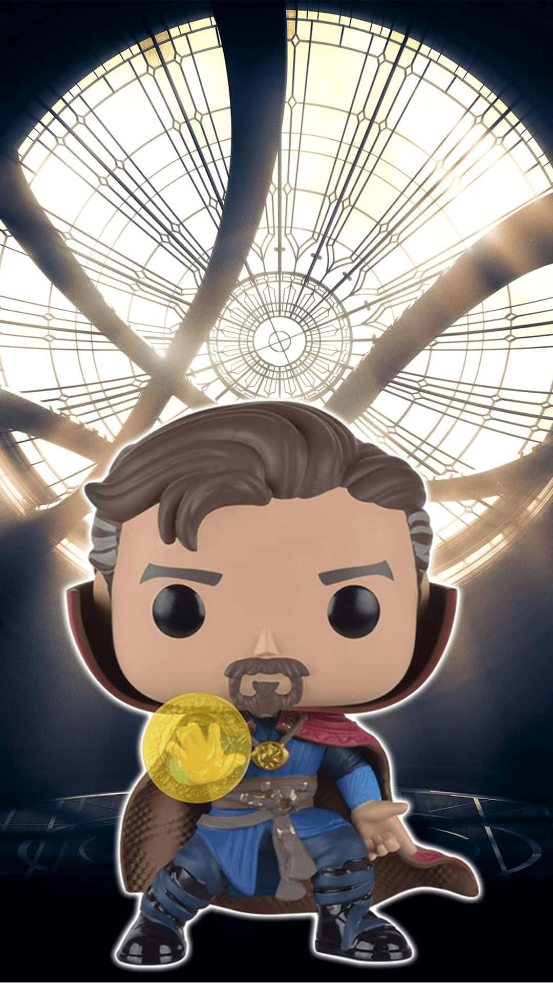 Iron Man Pop Figures 桌布 壁紙 — 一個 Funko Pop 奇異博士人偶站在發光的彩繪玻璃圓頂下，圓頂上有複雜的幾何圖案。
