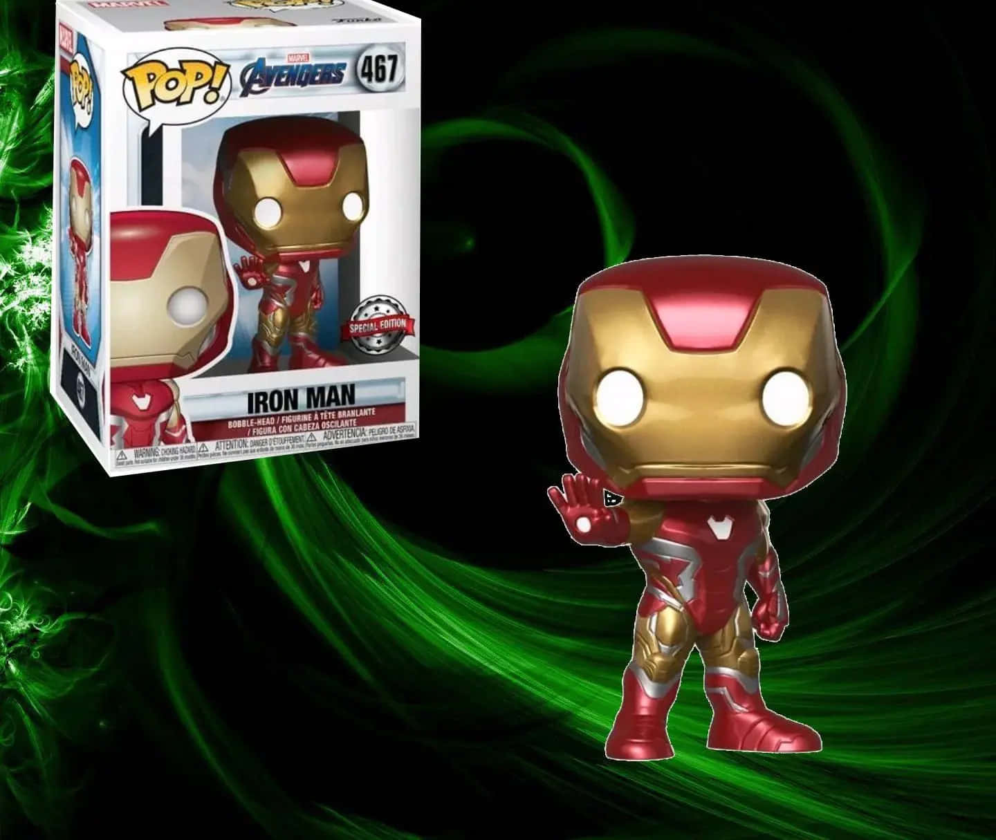 Iron Man Pop Figures 桌布 壁紙 — 一個 Funko Pop! 鐵甲奇俠人偶站在其盒子旁邊，背景是旋轉的綠色能量。