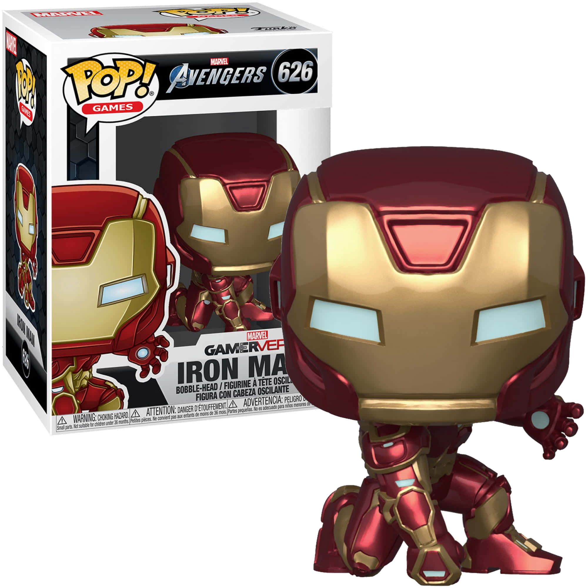 Iron Man Action Figures 桌布 壁紙 — 一個 Funko Pop! 鐵甲奇俠的乙烯基人偶，身穿經典紅金戰甲，眼睛發光並有搖頭功能，旁邊展示其原裝包裝。