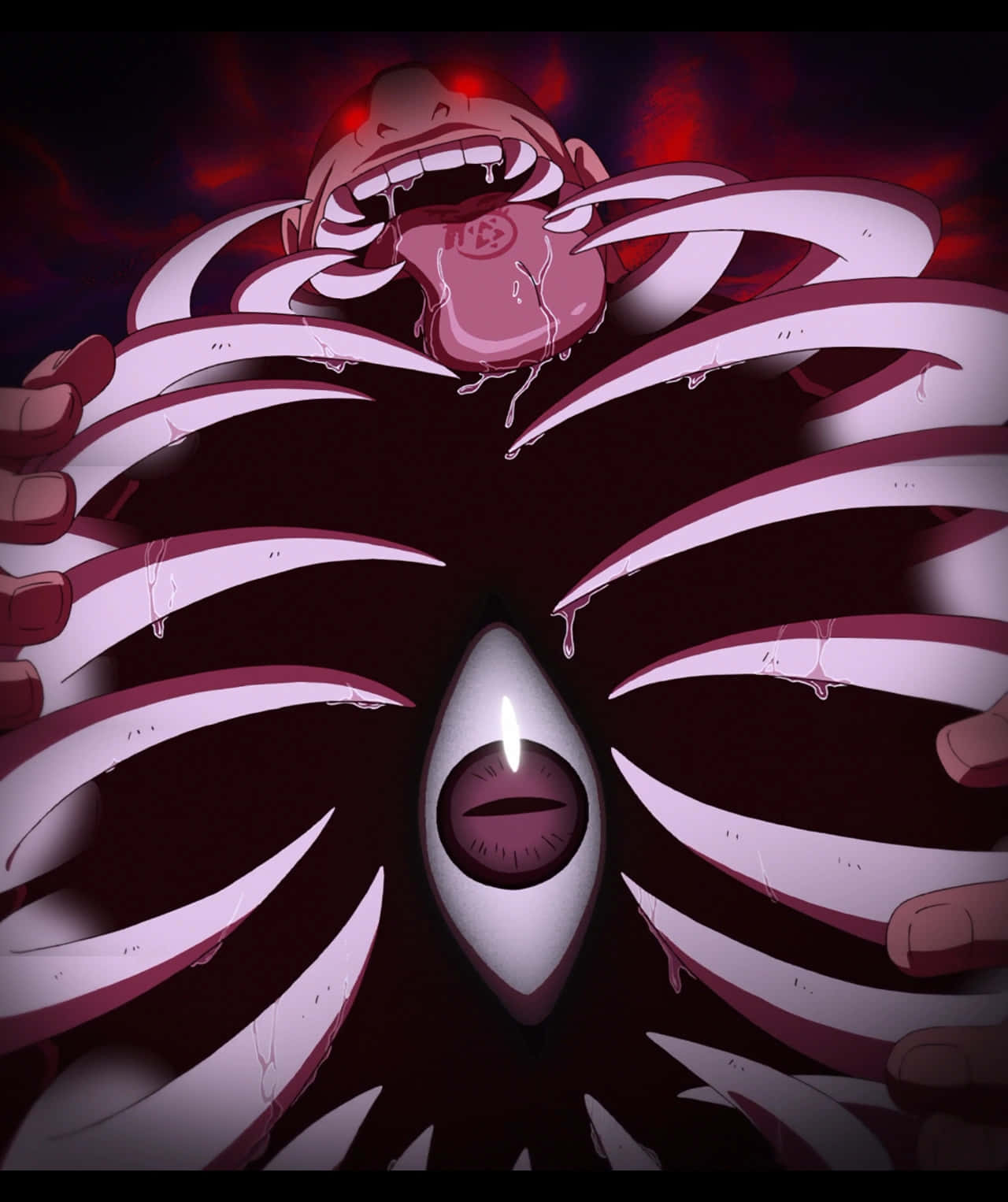 Fullmetal Alchemist Gluttony 桌布 壁紙 — 一個 grotesque 的動畫怪物，張開大嘴，單眼發光，周圍環繞著尖銳的肋骨狀結構，背景為深紅色。