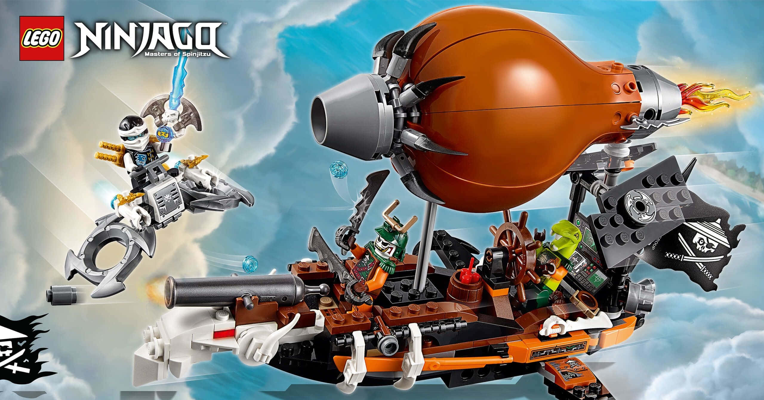 Ninjago 桌布 壁紙 — 一個 LEGO 旋風忍者忍者飛過一艘海盜飛船，飛船有一個巨大的橙色氣球和火焰引擎，背景是陰天。