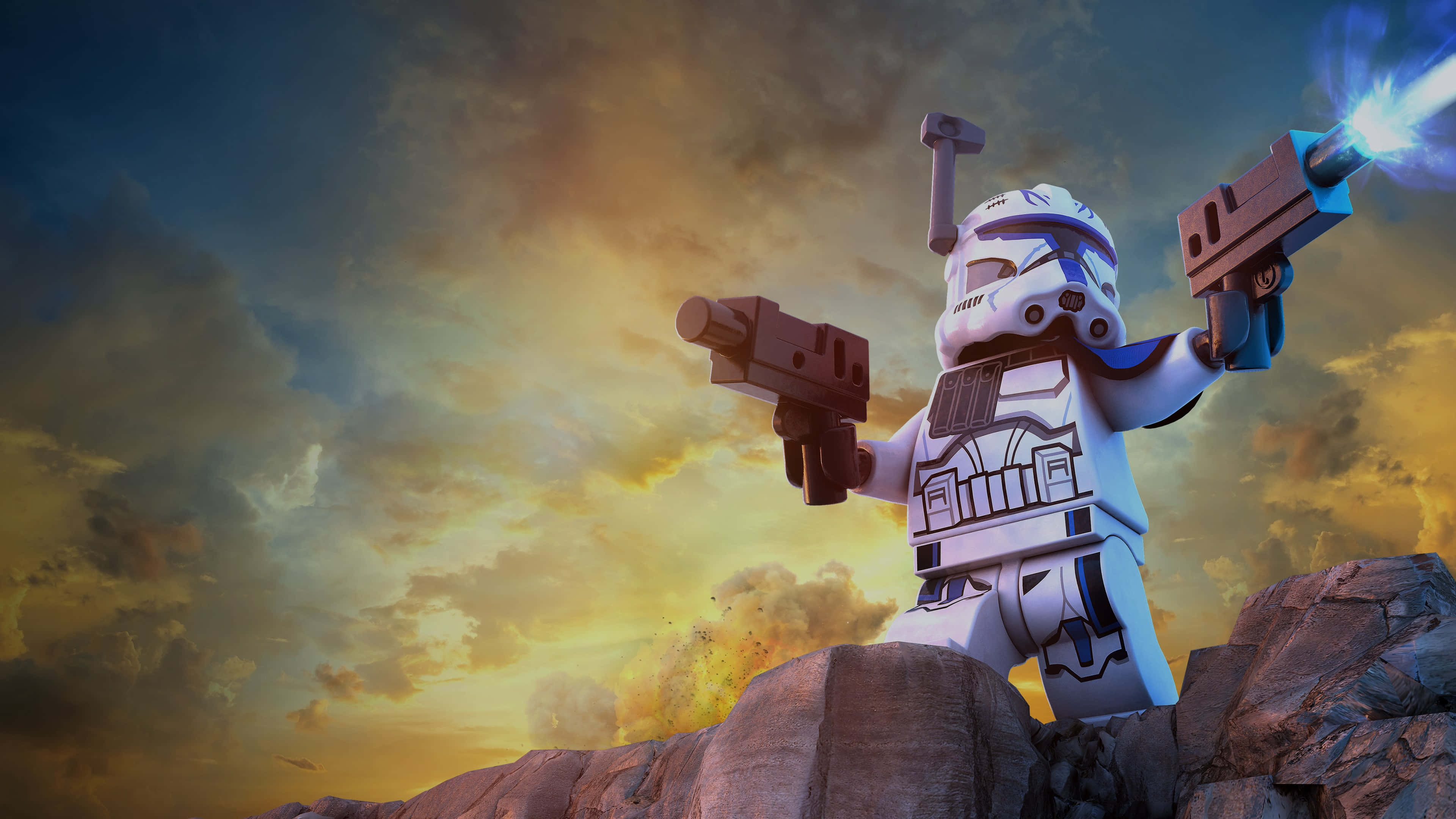 The Clone Army 桌布 壁紙 — 一個 LEGO 暴風兵站在岩石地形上，對著戲劇性的日落天空發射爆能槍。