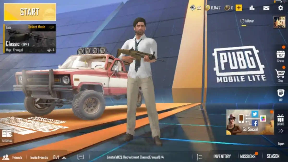 pubg mobile 桌布 壁紙 — 一個 PUBG Mobile Lite 角色站在一輛紅白越野卡車旁邊，遊戲大廳帶有 UI 元素。