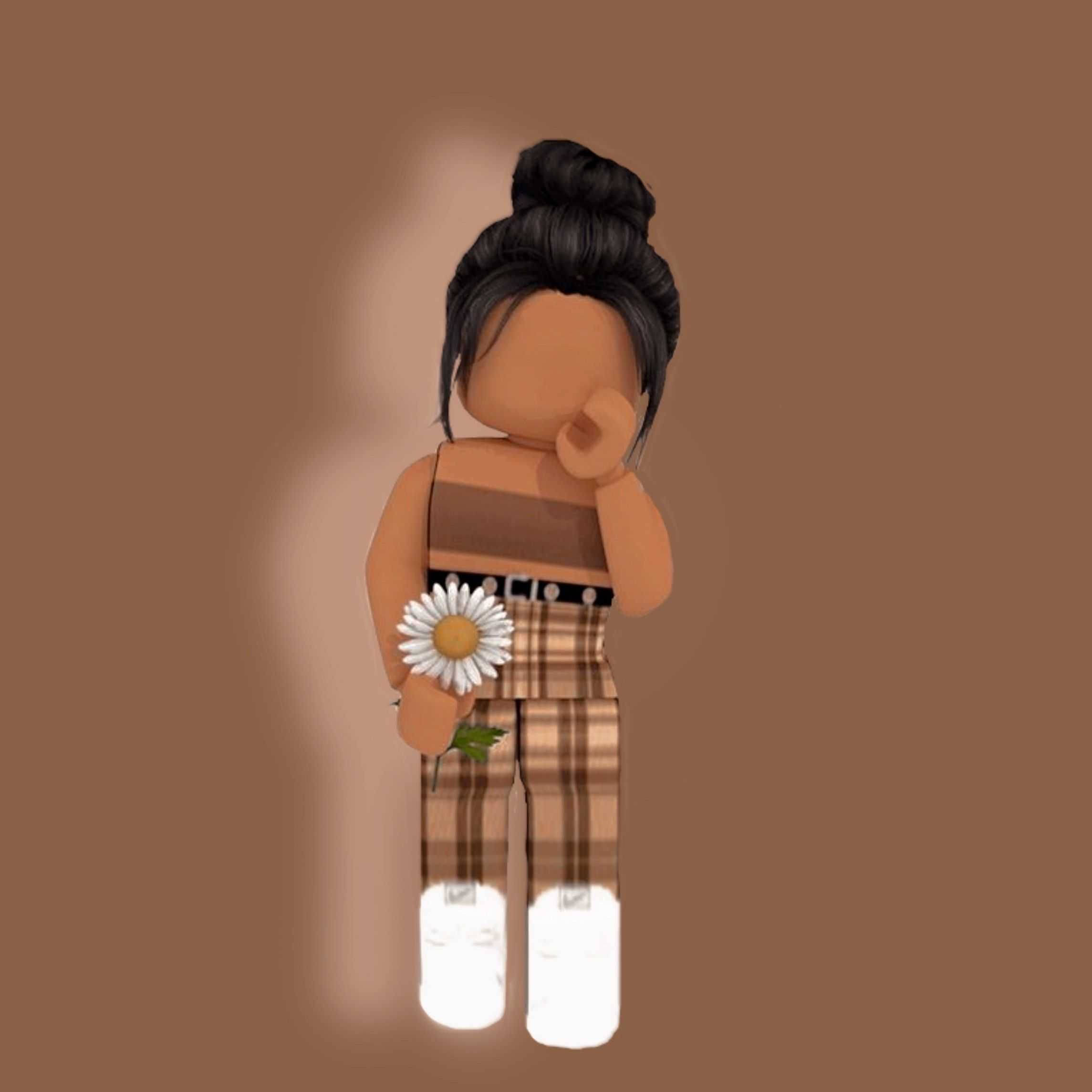 Roblox 桌布 壁紙 — 一個 Roblox 風格嘅頭像，深色頭髮紮成髻，企喺純啡色背景前面，揸住一朵雛菊。