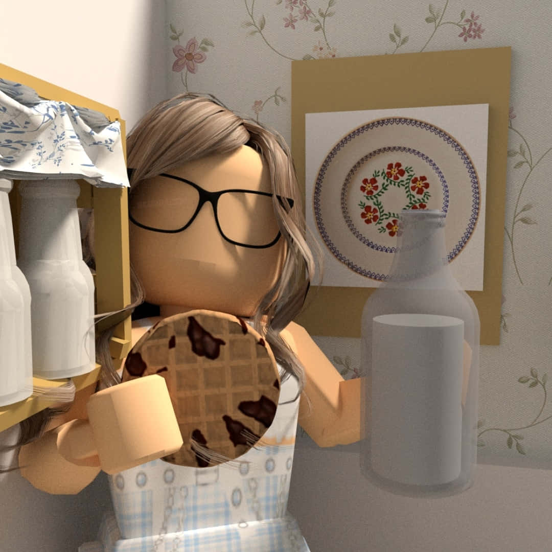 Aesthetic Roblox 桌布 壁紙 — 一個 Roblox 風格的角色在廚房裡，拿著一塊朱古力曲奇和牛奶瓶，旁邊有花卉牆紙和一個裱框的碟子。