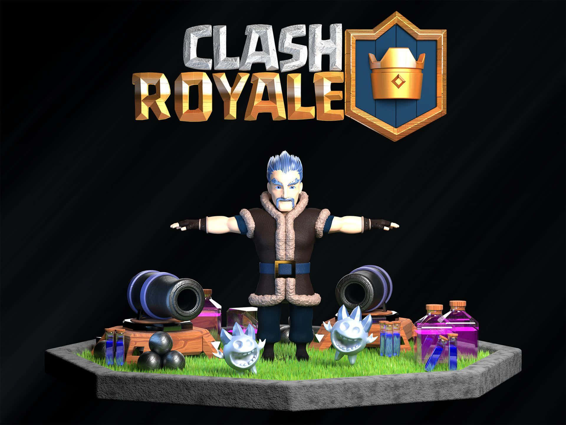 部落衝突：皇室戰爭 桌布 壁紙 — 一個3D渲染的Clash Royale角色站在一個被大砲、藥水和哥布林包圍的草地上，背景陰暗。