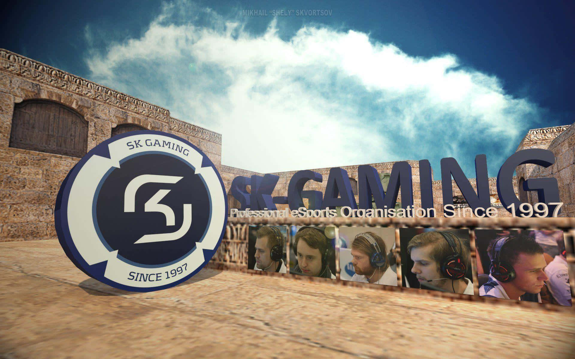 Sk Gaming 桌布 壁紙 — 一個3D渲染的SK Gaming標誌和團隊肖像，以石頭建築為背景，在晴朗藍天和蓬鬆雲朵下。