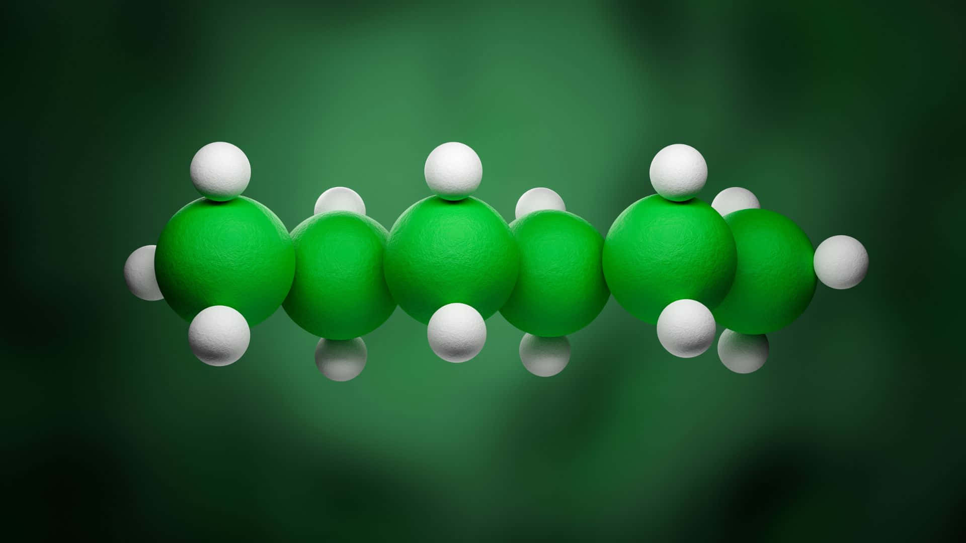 Green Chemistry 桌布 壁紙 — 一個3D渲染的分子結構，帶有綠色和白色的球體，漂浮在漸變綠色背景上。