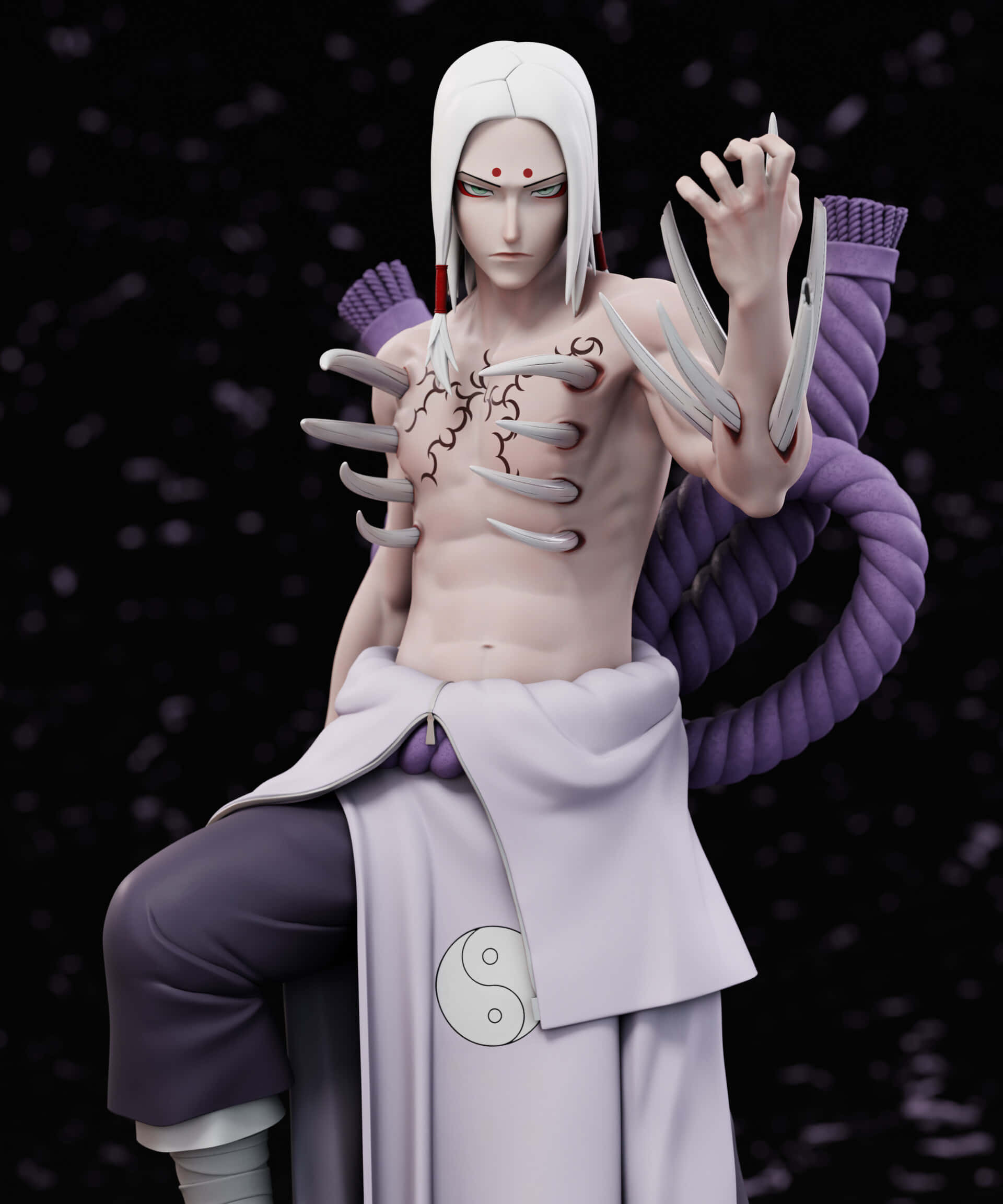 Kimimaro 桌布 壁紙 — 一個3D渲染的動漫人物，白髮和爪子般的手，坐在深色斑點背景前，姿態優雅。