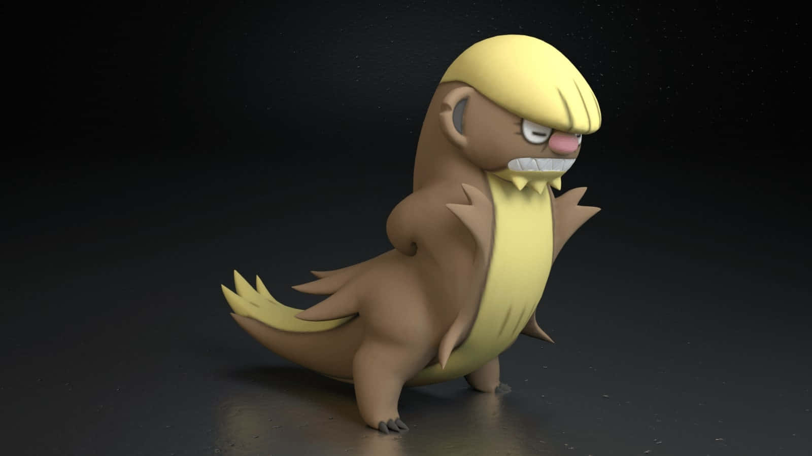 3D Gumshoos 壁紙 — 一個3D渲染的動畫風格寵物小精靈，帶有黃色莫西干頭和憤怒表情，站在深色反光地板上。