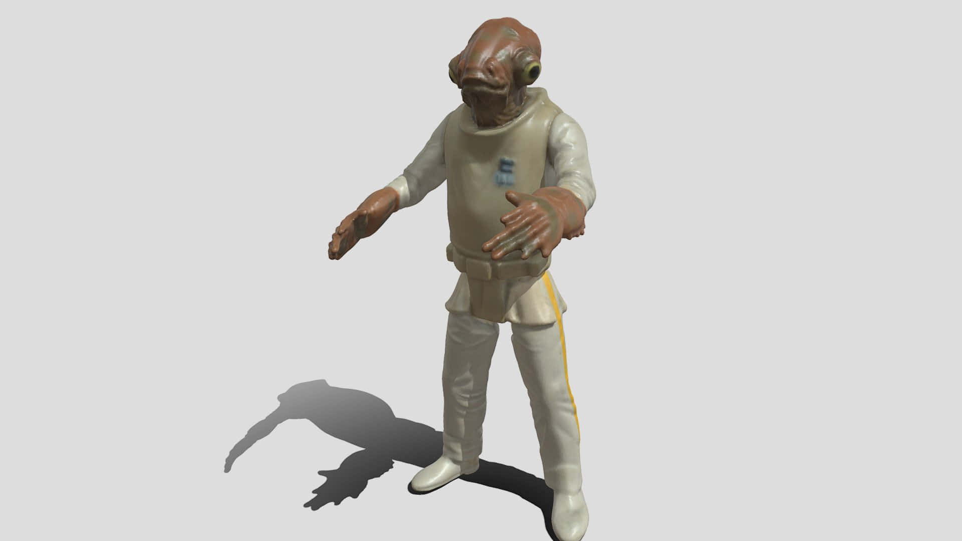 Admiral Ackbar 桌布 壁紙 — 一個3D渲染的外星人形象，穿著米色制服帶有黃色條紋，站在純灰色背景前，投射出清晰的陰影。