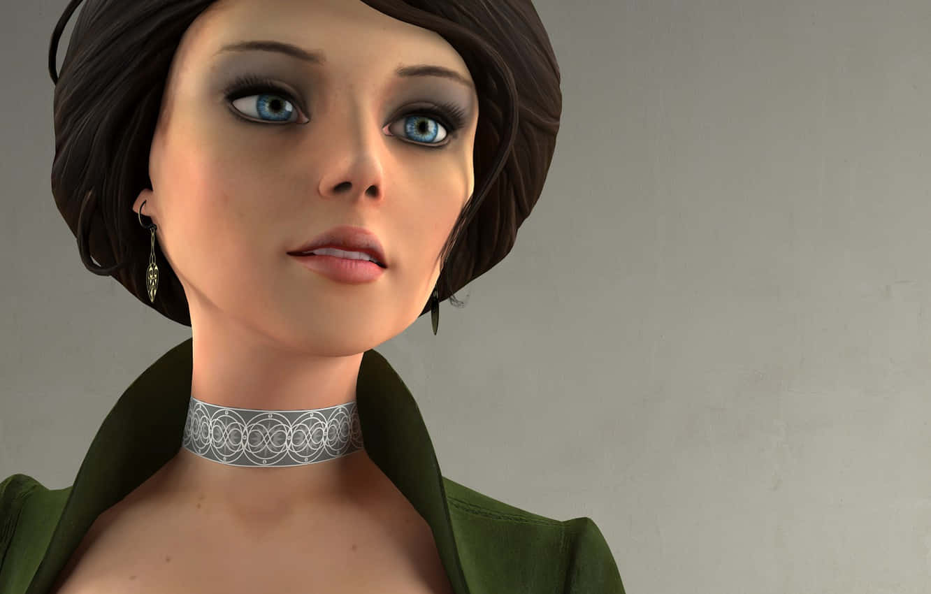 Bioshock Characters 桌布 壁紙 — 一個3D渲染的女性特寫，擁有引人注目的藍色眼睛和深色頭髮，穿著綠色夾克和華麗的銀色頸鏈。