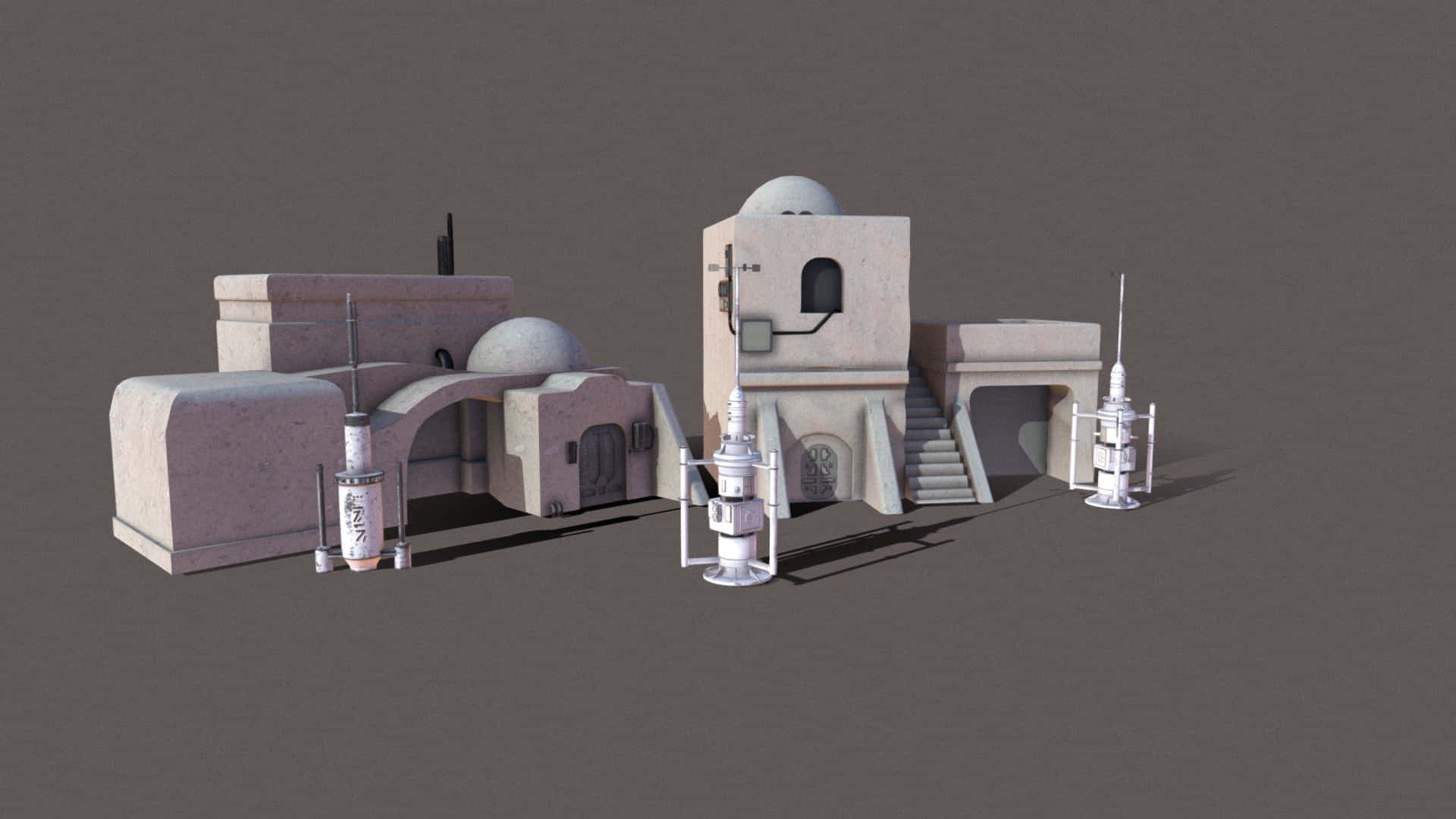 Tatooine 桌布 壁紙 — 一個3D渲染的沙漠前哨站，設有圓頂建築和火箭發射器，背景為純灰色。