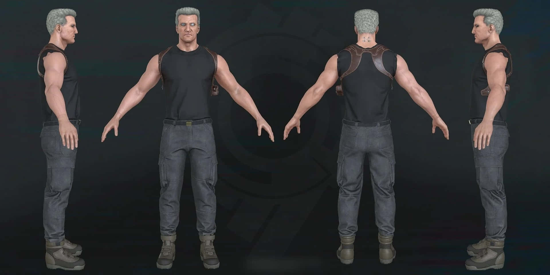 Ghost In The Shell Batou 桌布 壁紙 — 一個3D渲染的男性角色模型，從四個角度展示，穿著黑色背心和灰色工裝褲。