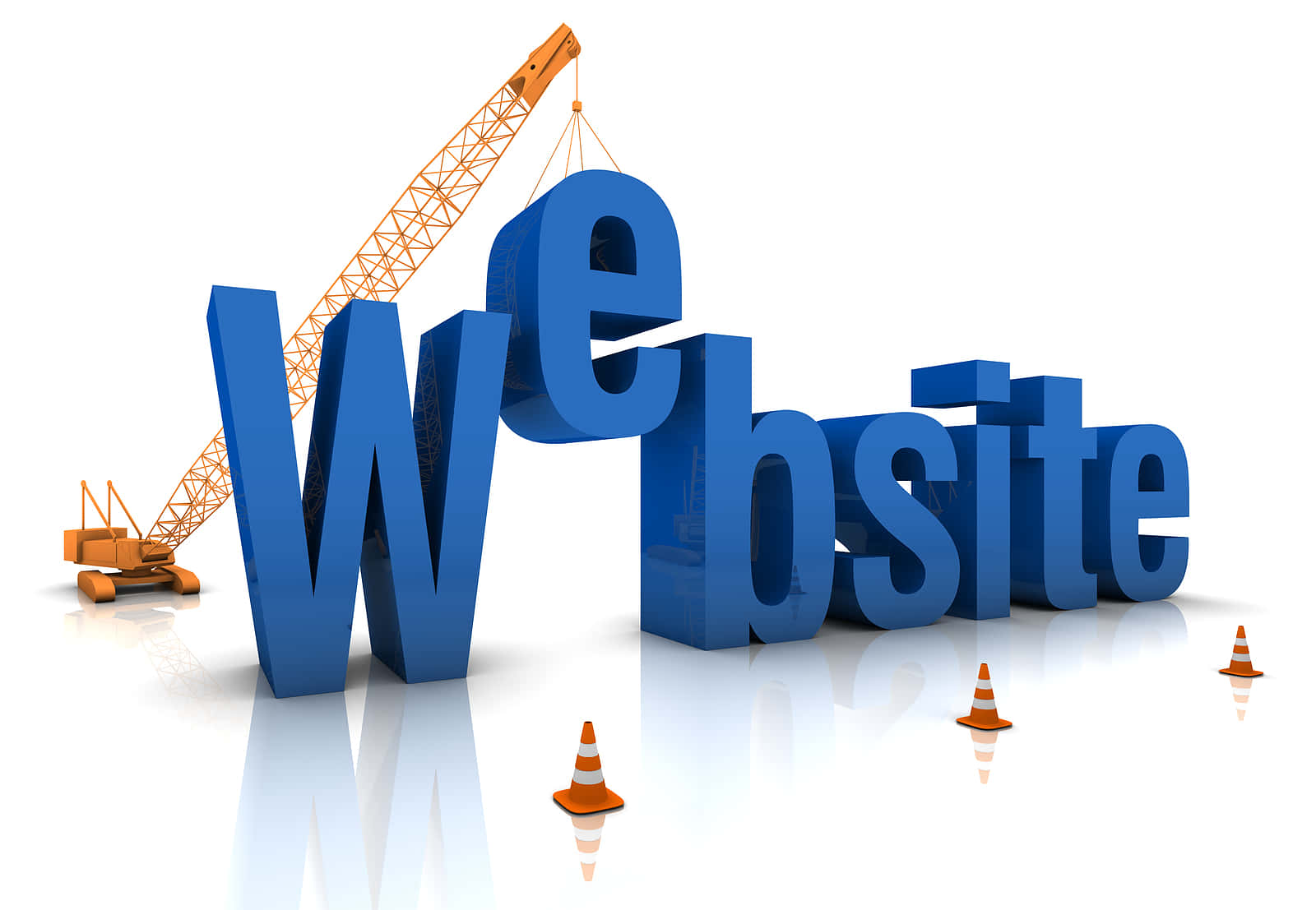 Website 桌布 壁紙 — 一個3D渲染的藍色「Website」文字，正在由橙色起重機和交通錐在反光白色表面上建造。