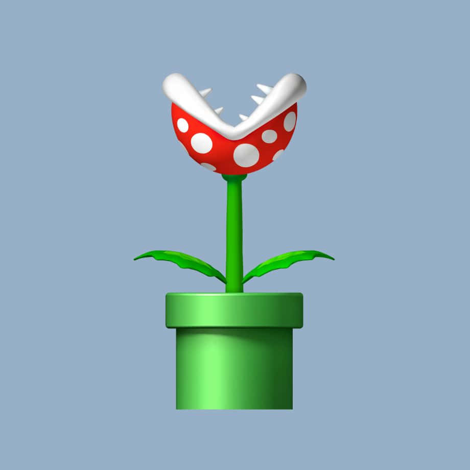 piranha plant 桌布 壁紙 — 一個3D渲染的食肉植物，有紅色斑點嘴巴和白色牙齒，從綠色管道中長出，背景是柔和的藍色。