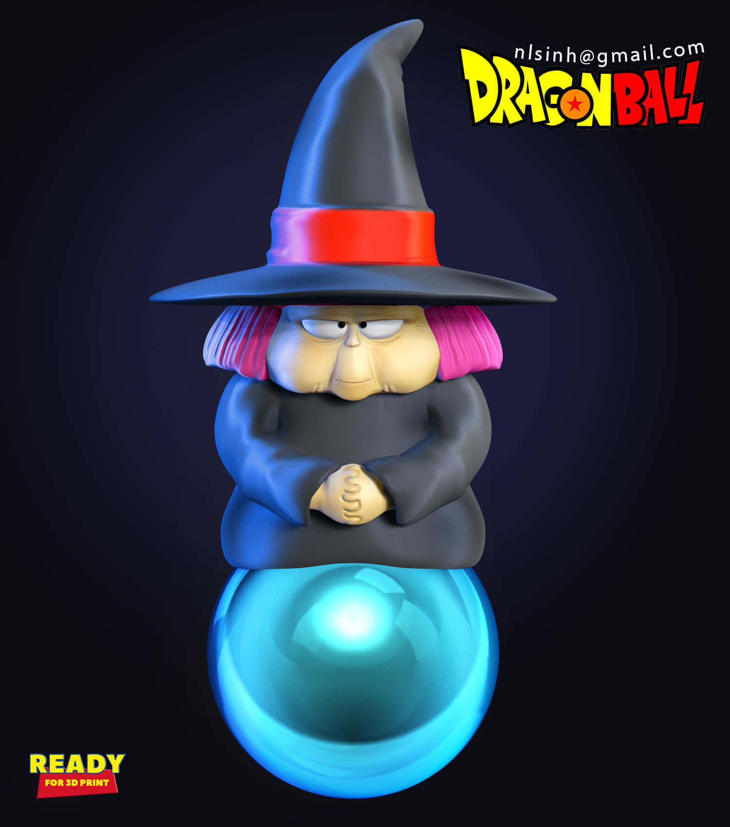 Baba Yaga 桌布 壁紙 — 一個3D渲染的龍珠女巫公仔，粉紅色頭髮和發光的藍色球體，站在黑暗背景前。