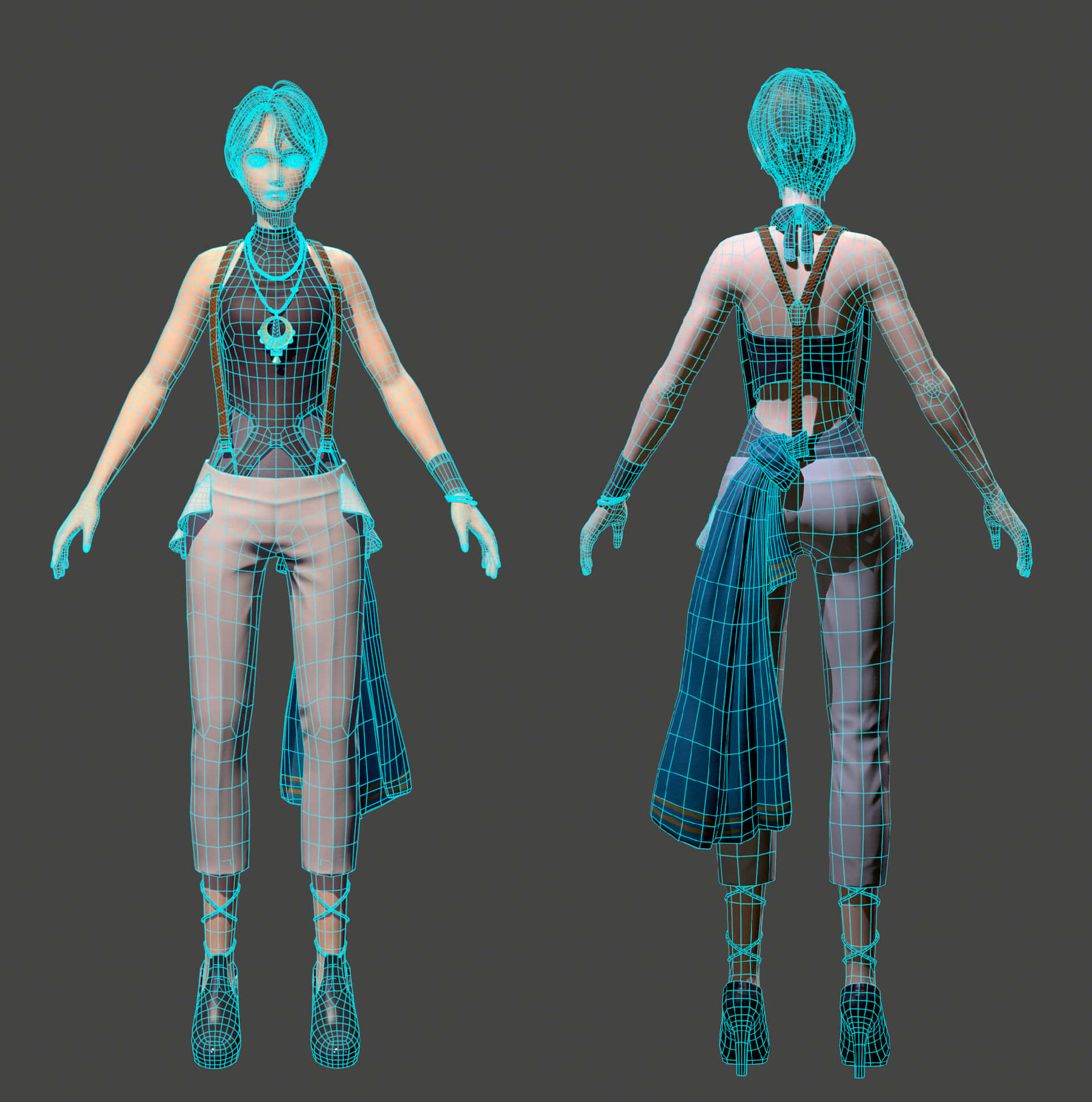 Iris Cannary 桌布 壁紙 — 一個3D線框模型，展示一位女性角色穿著未來風格服裝的正面和背面，背景為深灰色。