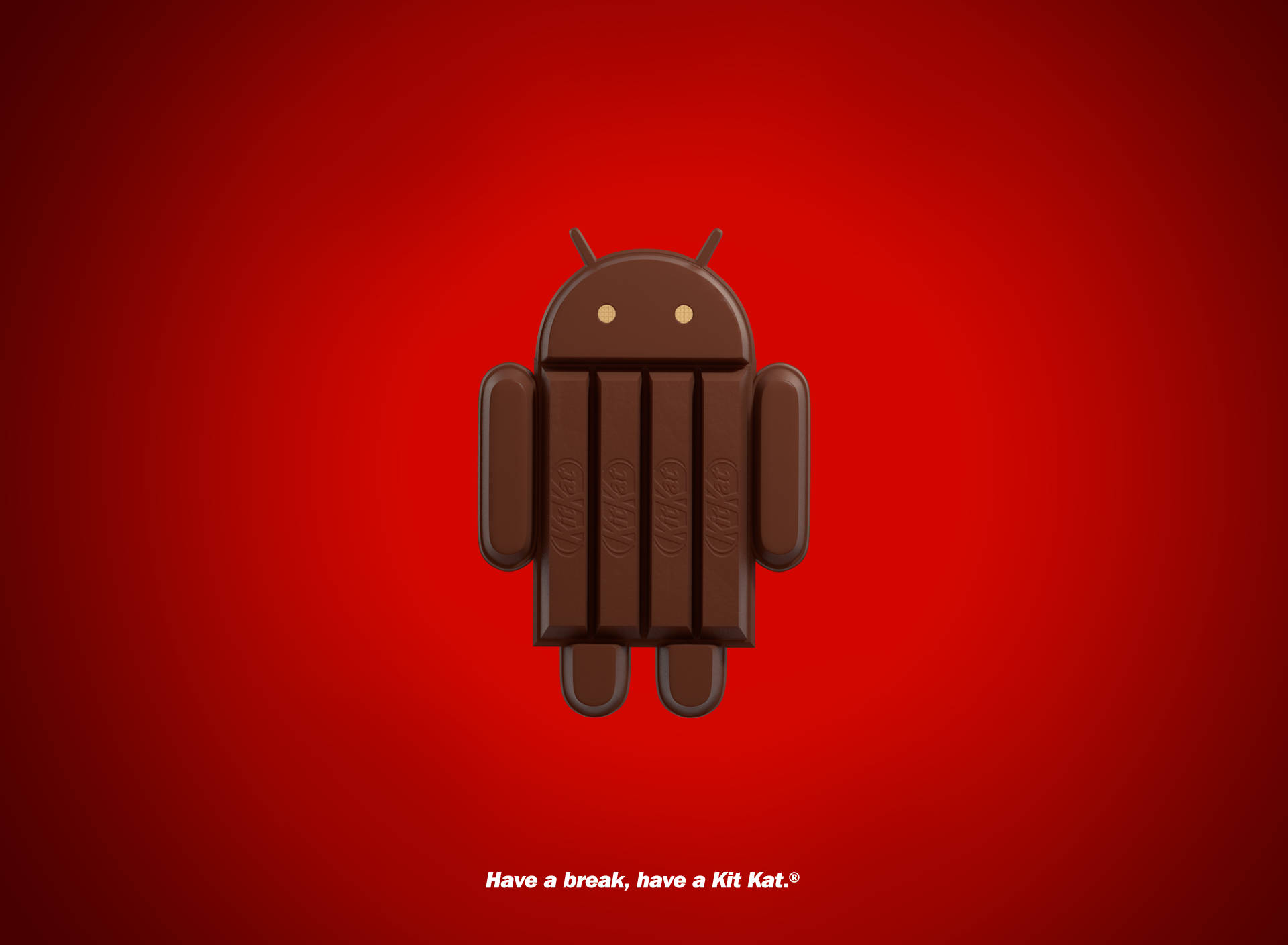 Kit Kat Android 壁紙 — 一個Android吉祥物形狀的Kit Kat朱古力棒，在鮮紅色漸變背景中央站立。