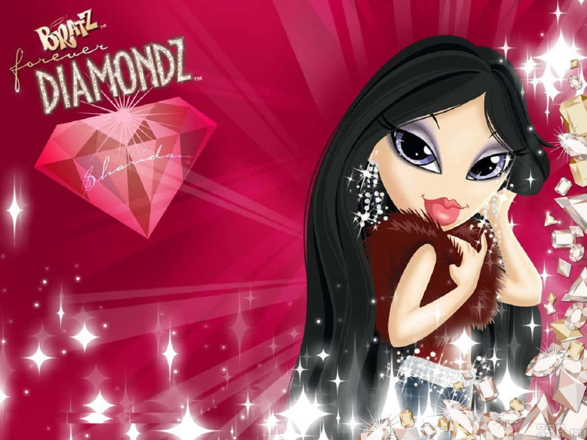Bratz 桌布 壁紙 — 一個Bratz Diamondz角色，擁有長長的黑髮和閃閃發光的配飾，在閃爍鑽石的鮮紅色背景前擺姿勢。