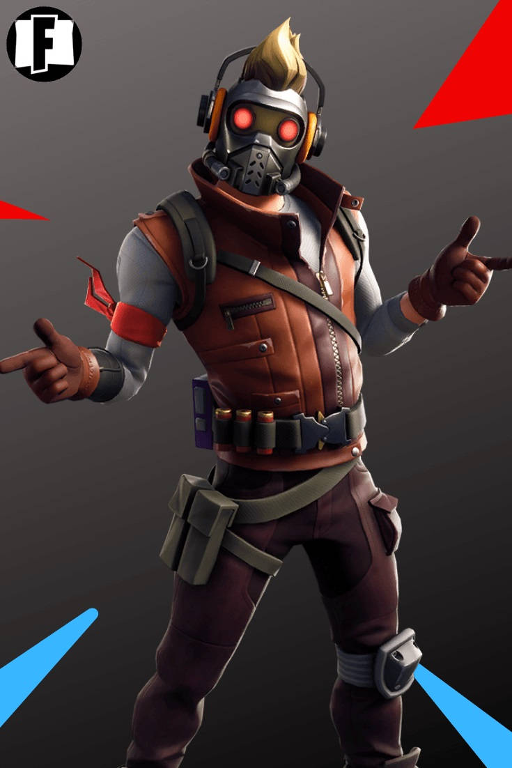 漫威 桌布 壁紙 — 一個Fortnite角色，擁有發光的紅色眼睛和尖刺的金色莫西乾頭，在帶有紅色和藍色幾何裝飾的深色背景上自信地指著。