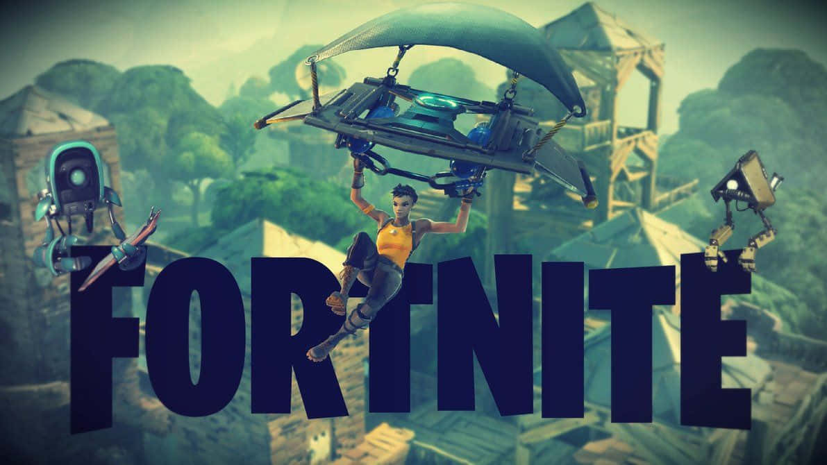 Fye No Skin Fortnite 桌布 壁紙 — 一個Fortnite角色喺一個有木結構同機械人同伴嘅茂盛綠色島嶼上空用滑翔機滑翔。