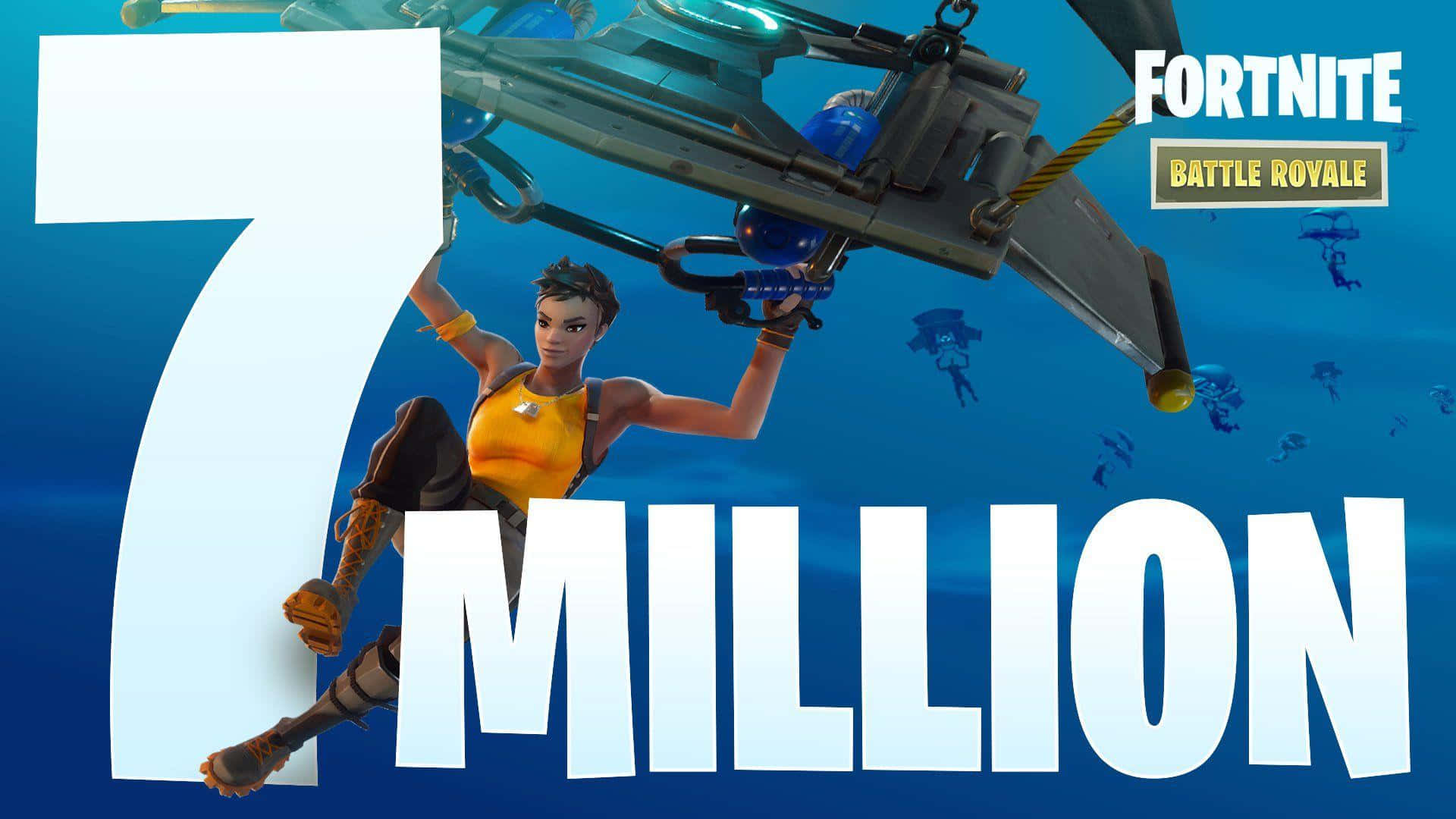 要塞英雄 大逃殺 桌布 壁紙 — 一個Fortnite角色掛在滑翔機上，背景是藍天，帶有「7 MILLION」文字和遊戲標誌。